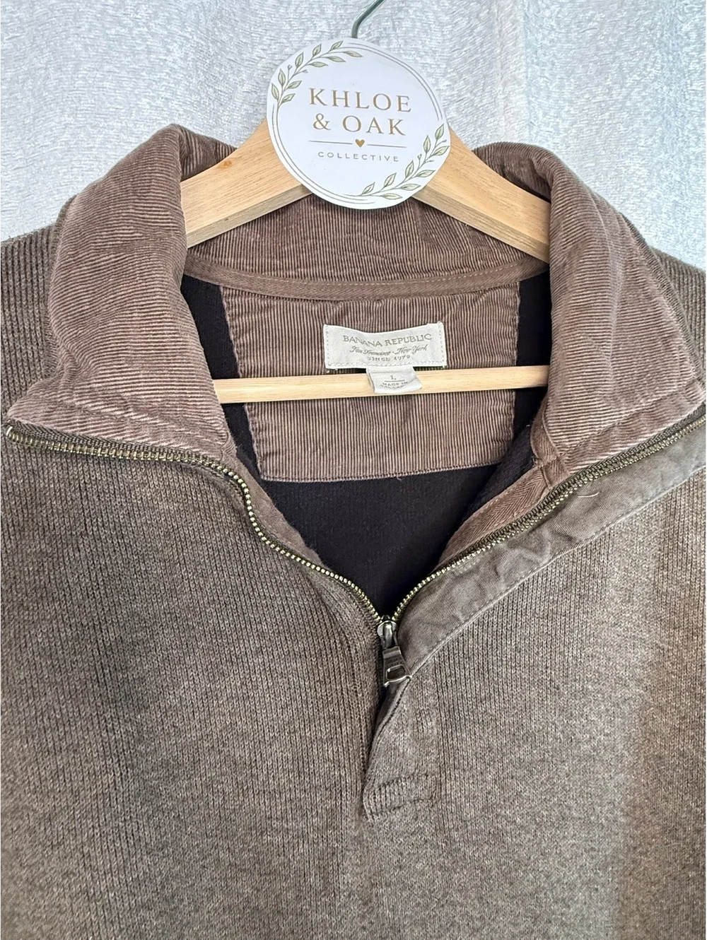 Banana Republic Men's Brown 100% Cotton Half-Zip Pullover Sweater with Elbow Pッチ